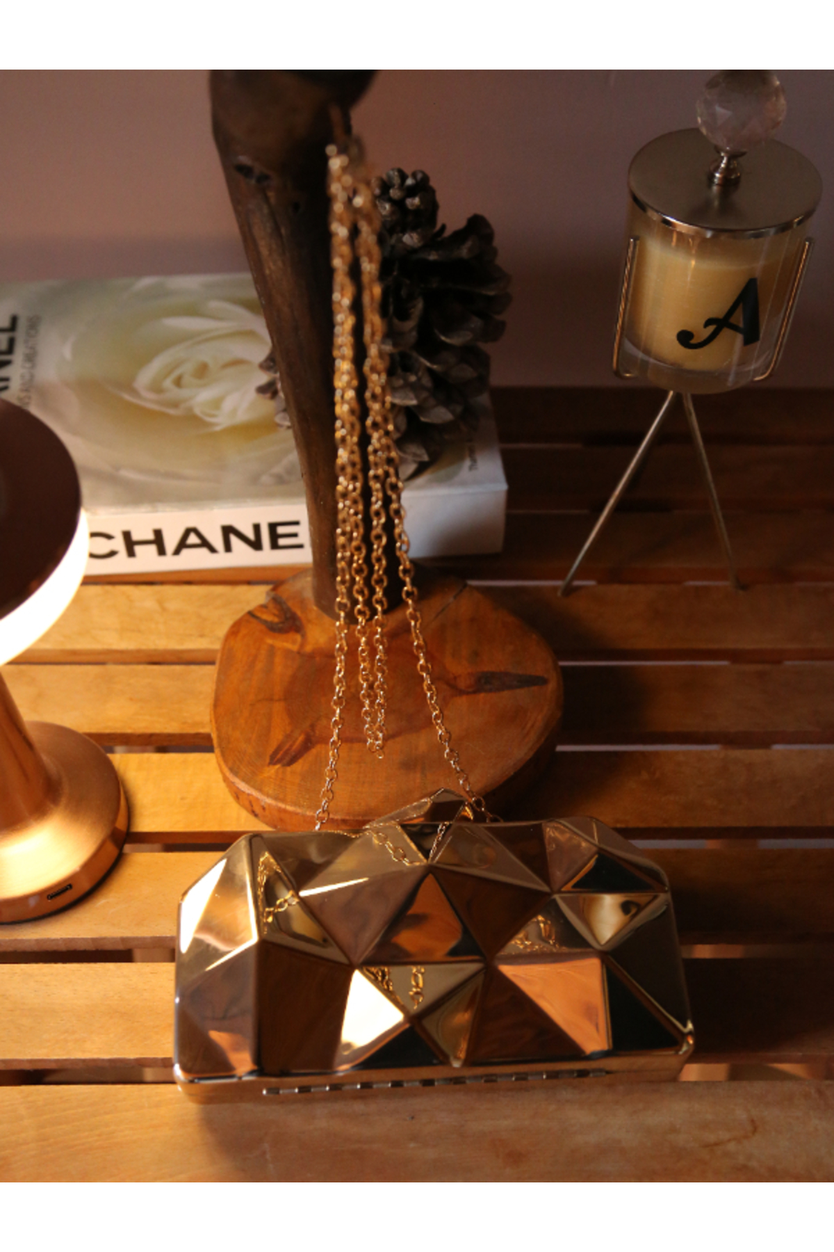 Geometrik Tasarımlı Metalik Gümüş - Gold Kadın Abiye Gece Çantası – Zincir Askılı