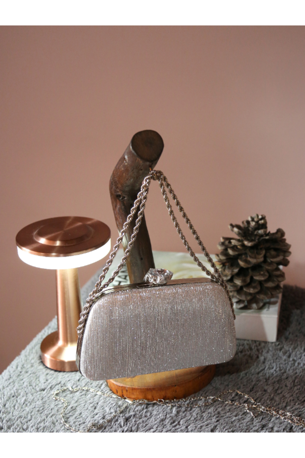 Gümüş - Gold - Gri Renk Işıltılı Zincir Askılı Kadın Abiye Gece Çantası – Modern Metal Saplı