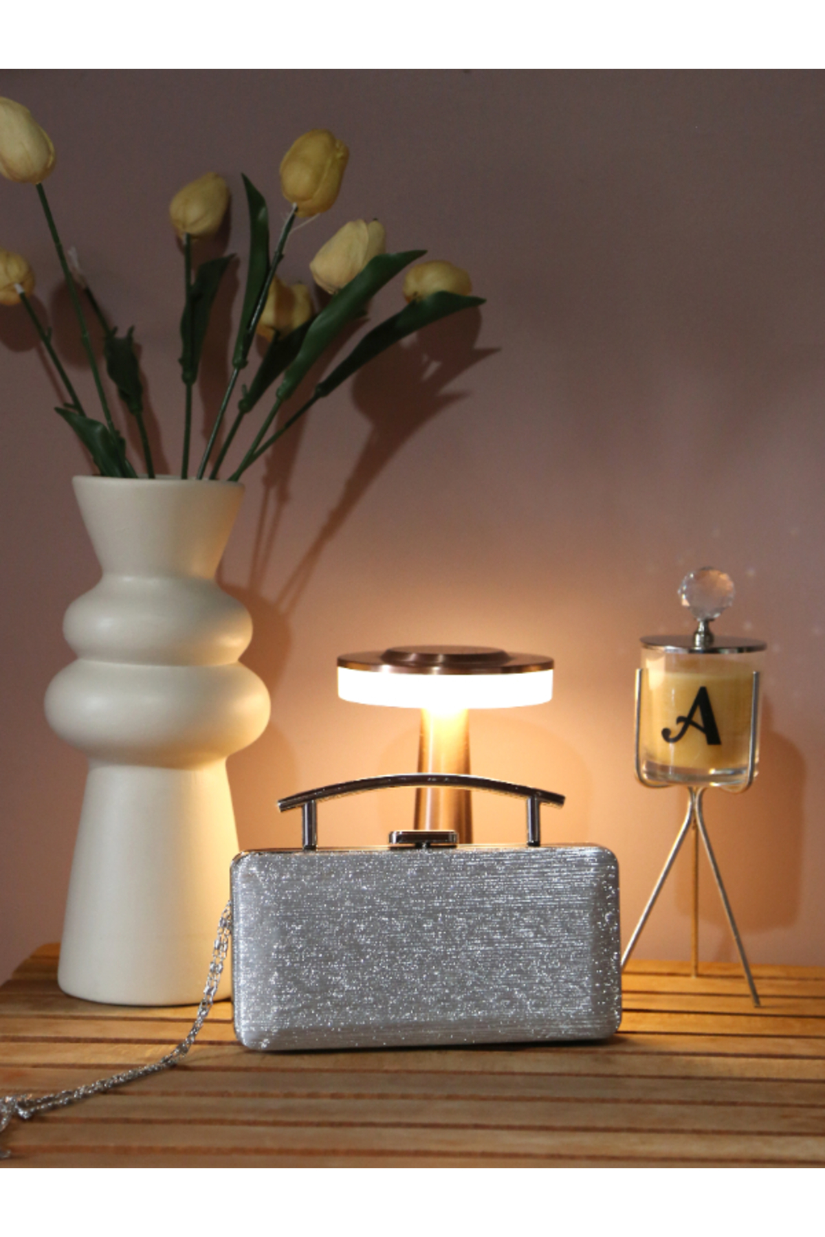 Kadın Gümüş ve Gold Renk Işıltılı Zincir Askılı Abiye Gece Çantası